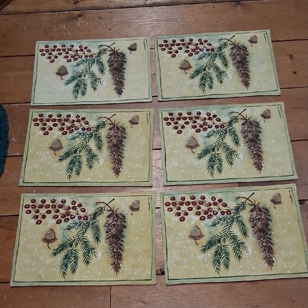 Set of 6 Beautiful Pinecone, Pine, Berries,& Acorn Reversible Placemats